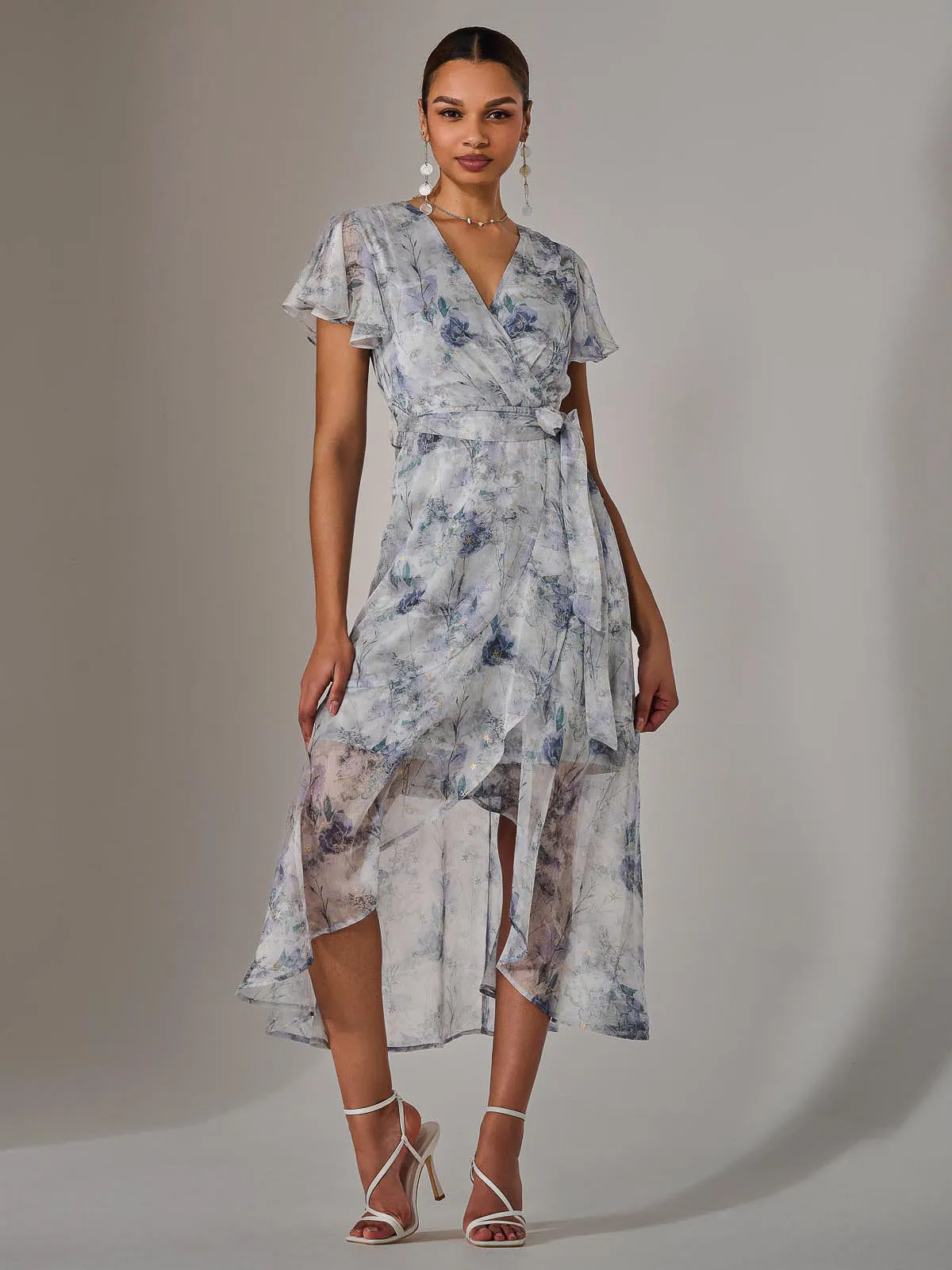 Chiffon Wrap Midi Dress, Blue Floral