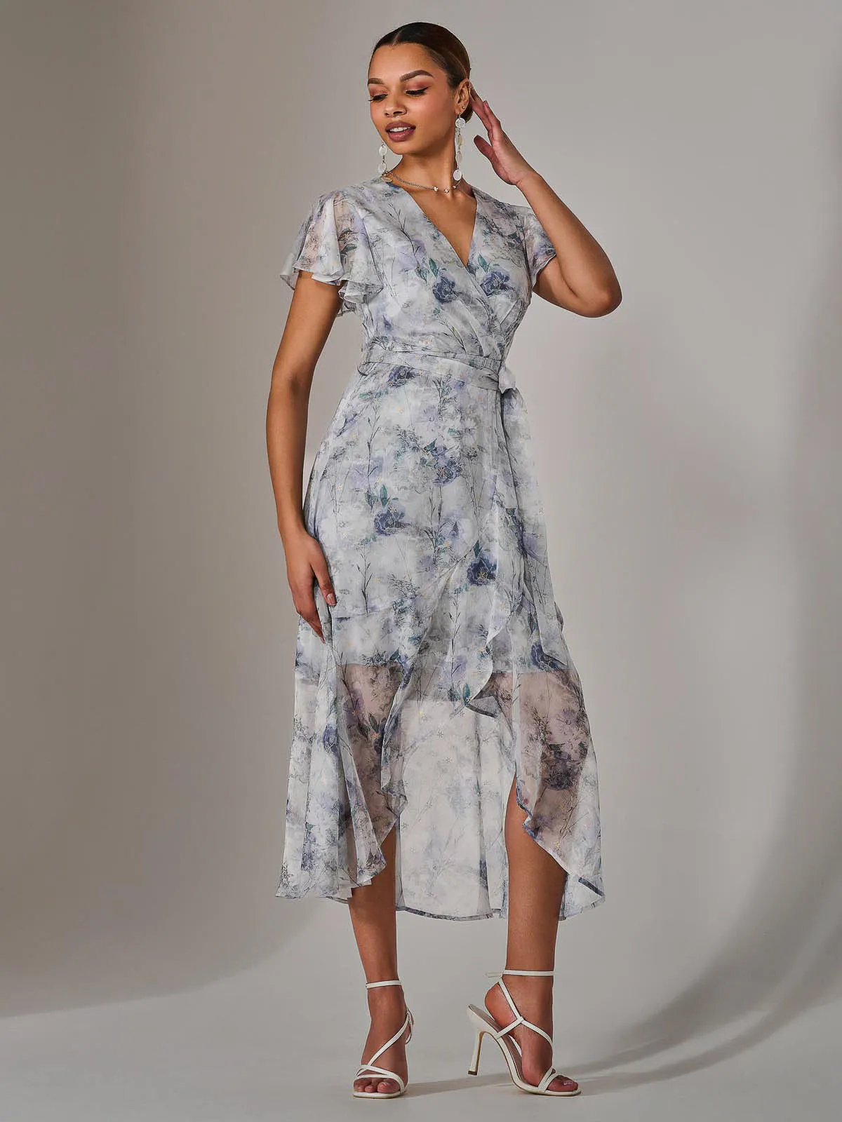 Chiffon Wrap Midi Dress, Blue Floral