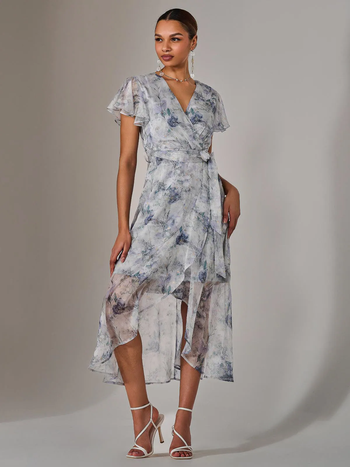 Chiffon Wrap Midi Dress, Blue Floral