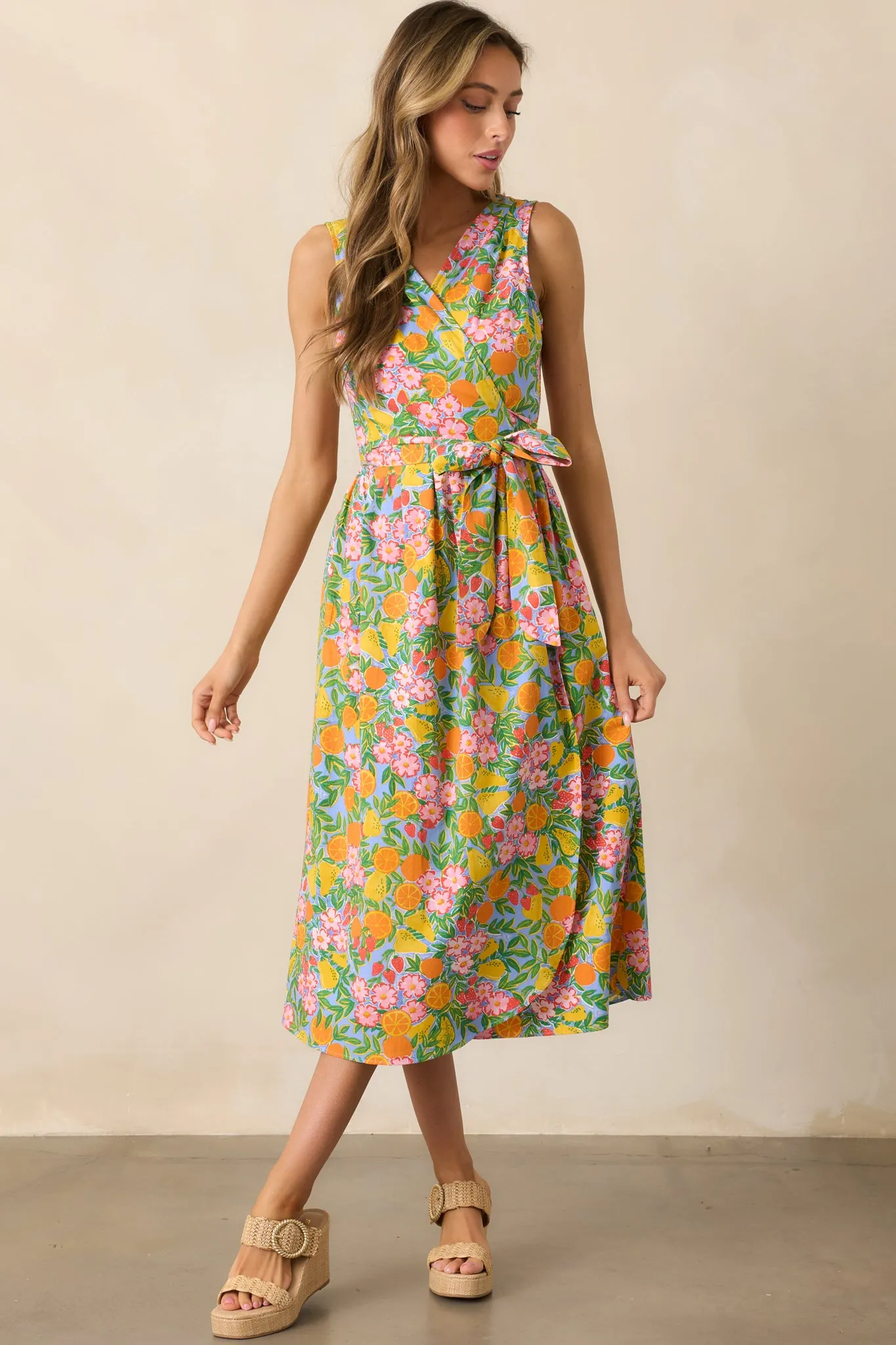 Citrus Bloom Sky Blue Multi Print Midi Wrap Dress