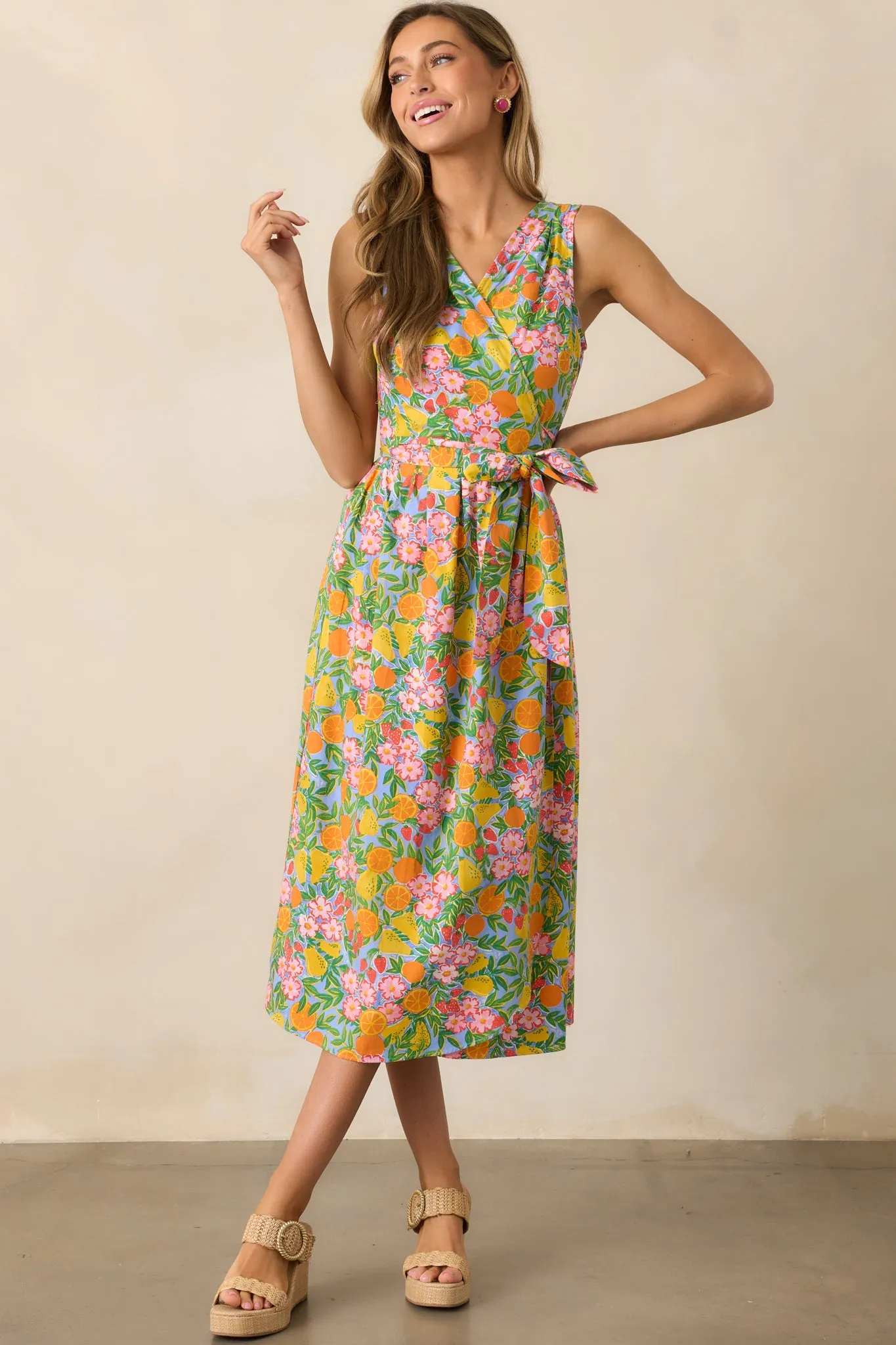 Citrus Bloom Sky Blue Multi Print Midi Wrap Dress