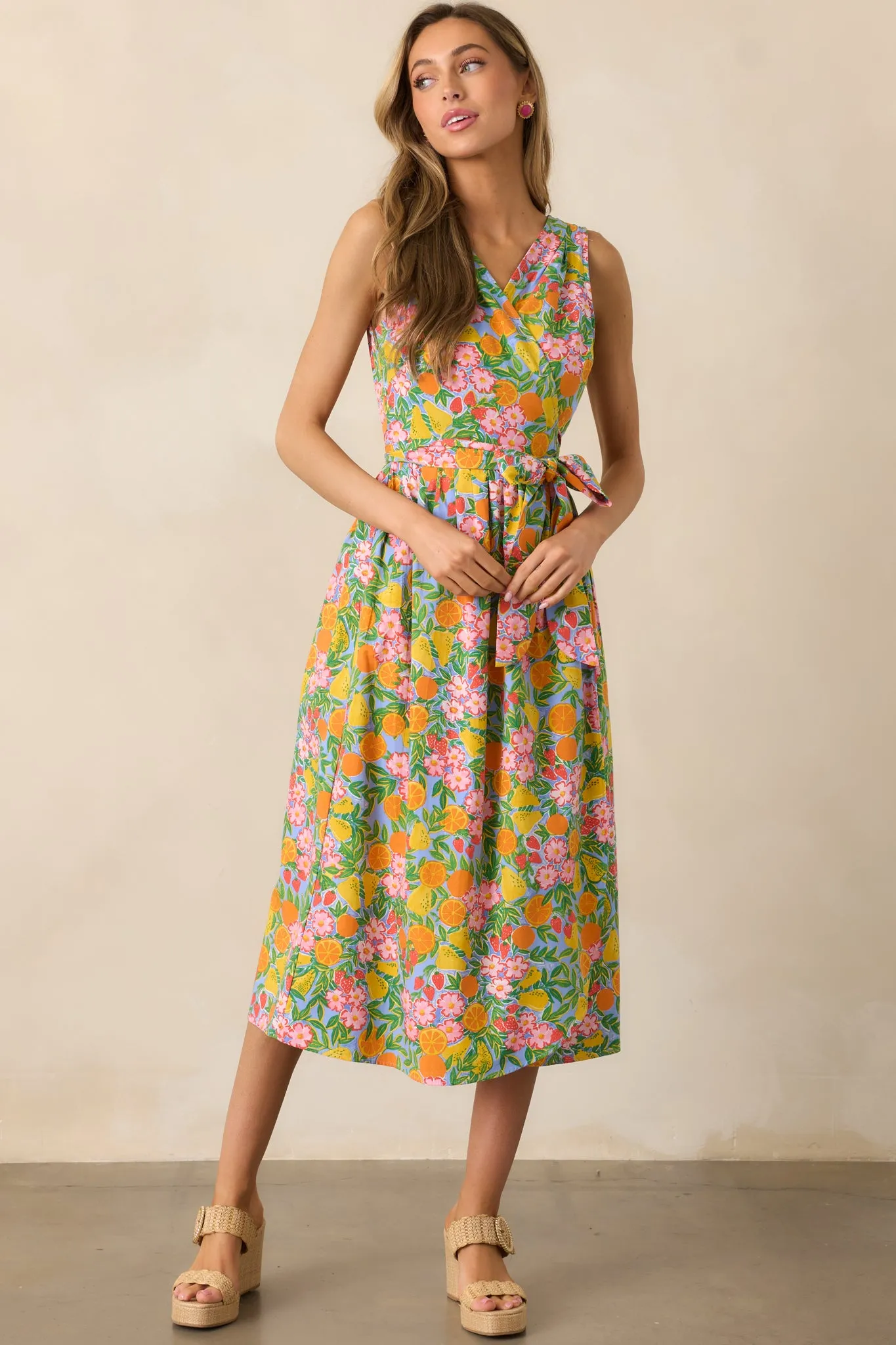 Citrus Bloom Sky Blue Multi Print Midi Wrap Dress