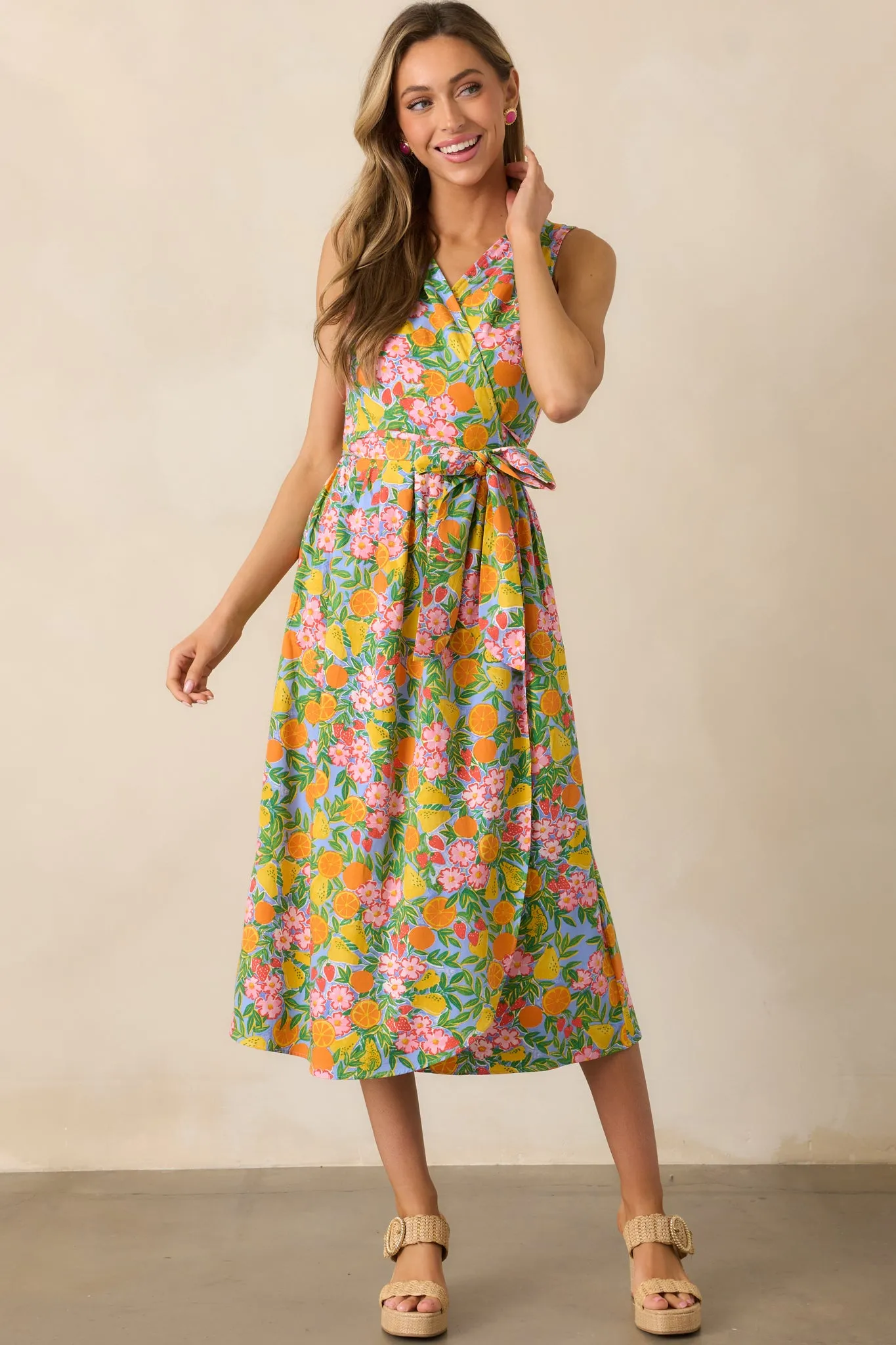 Citrus Bloom Sky Blue Multi Print Midi Wrap Dress
