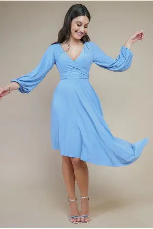City Goddess Asymmetrical Wrap Midi Dress in Blue