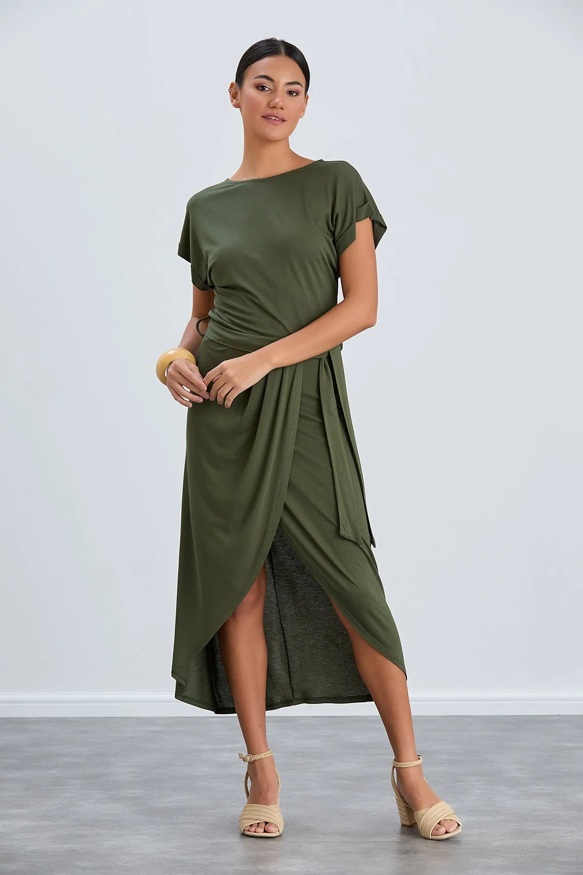 Classic Wrap Midi Dress in Chic Khaki