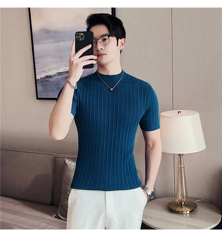 Classy ribbed knit solid mockneck t-shirt turtleneck t-shirt