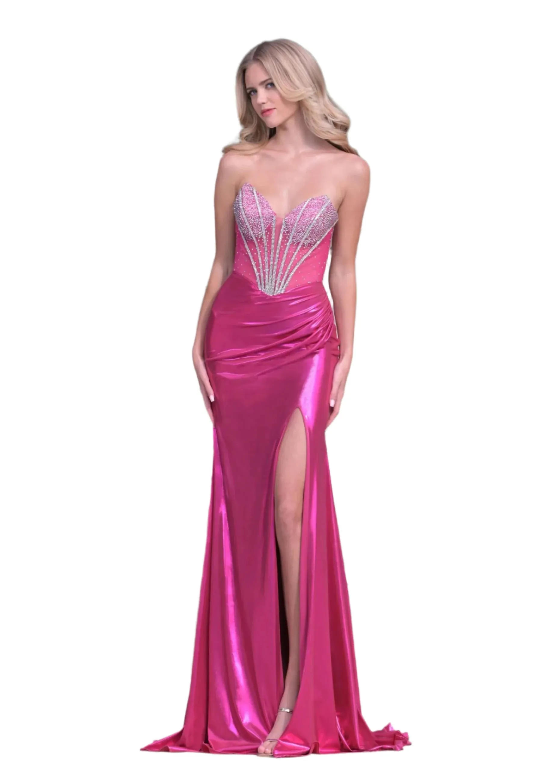 Colors Dress 3551 Sheer Crystal Corset Metallic Prom Dress V Neck Ruched Wrap slit Pageant Gown