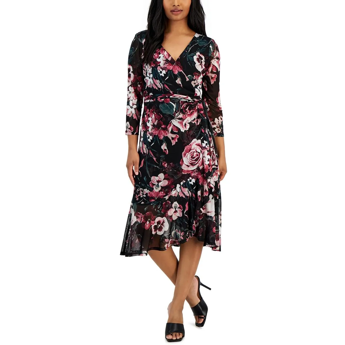Connected Apparel Womens Petites Floral Print Mesh Wrap Dress