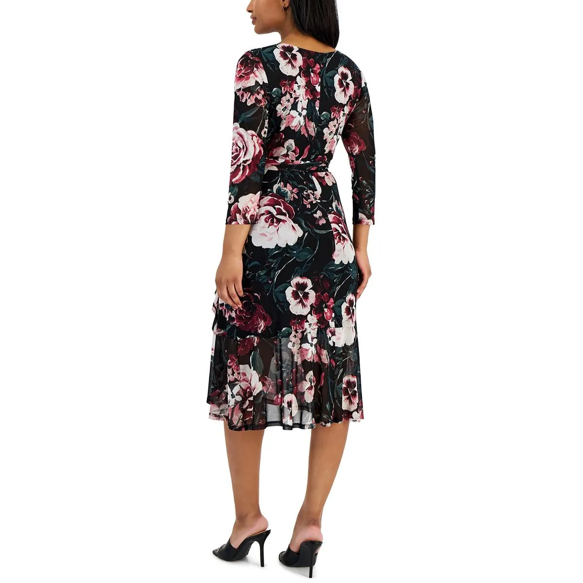 Connected Apparel Womens Petites Floral Print Mesh Wrap Dress