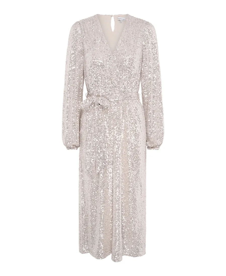 Cream Sequin Wrap Midi Dress