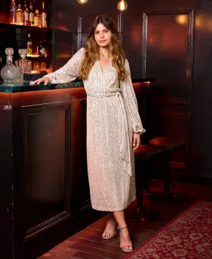 Cream Sequin Wrap Midi Dress