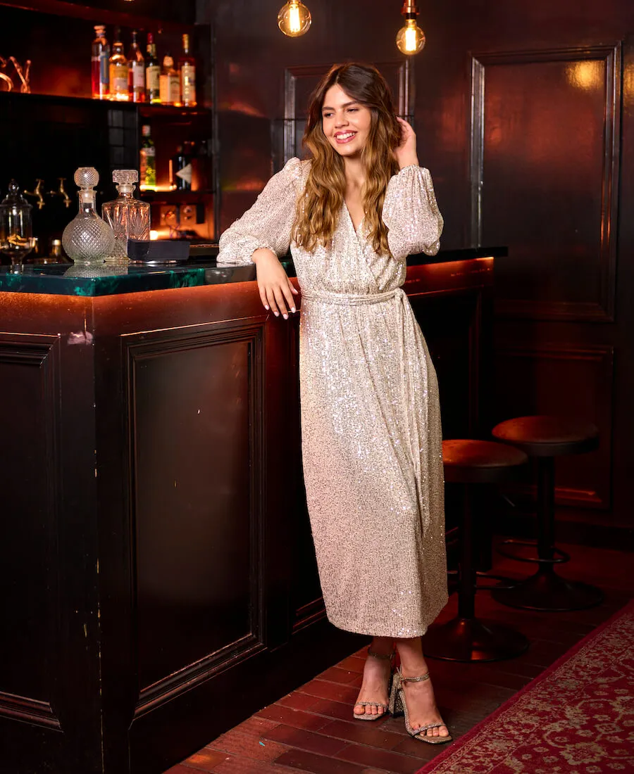 Cream Sequin Wrap Midi Dress