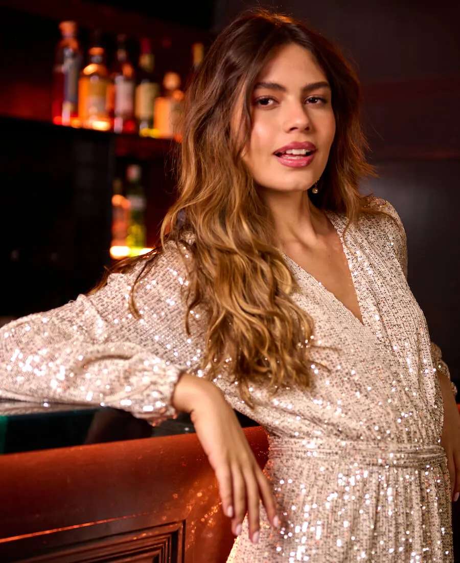 Cream Sequin Wrap Midi Dress