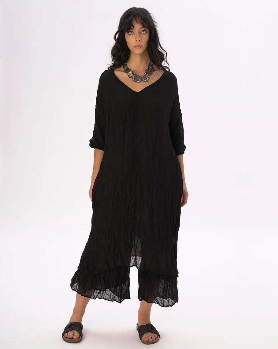 Crinkled Cotton Linen 3/4 Sleeve V-Neck Dress