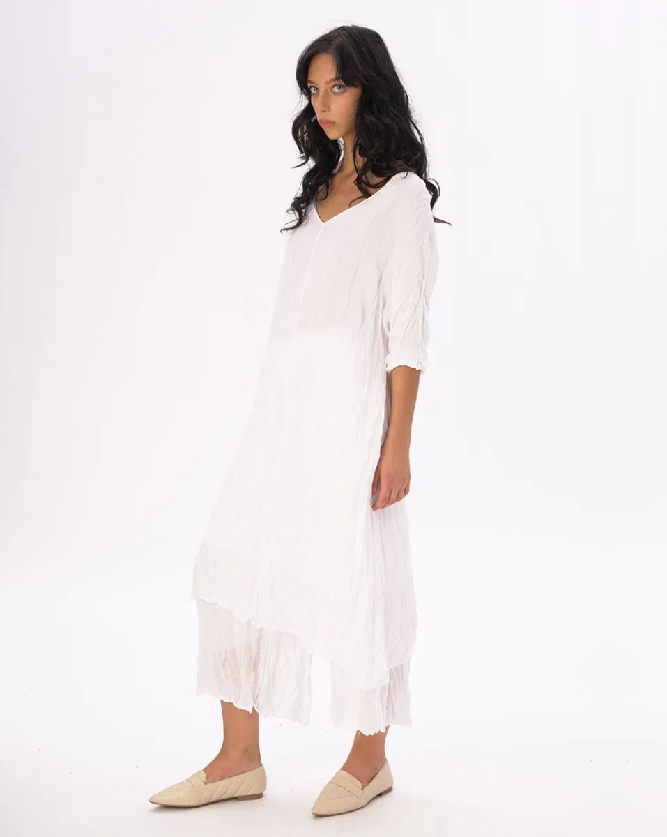 Crinkled Cotton Linen 3/4 Sleeve V-Neck Dress