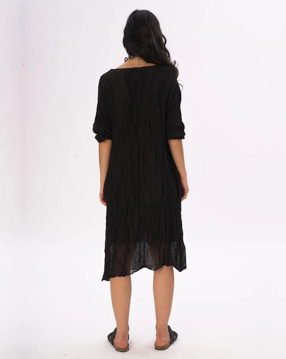 Crinkled Cotton Linen 3/4 Sleeve V-Neck Dress