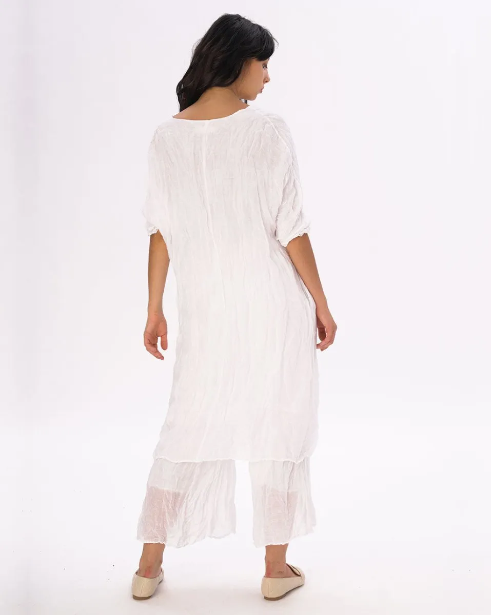Crinkled Cotton Linen 3/4 Sleeve V-Neck Dress