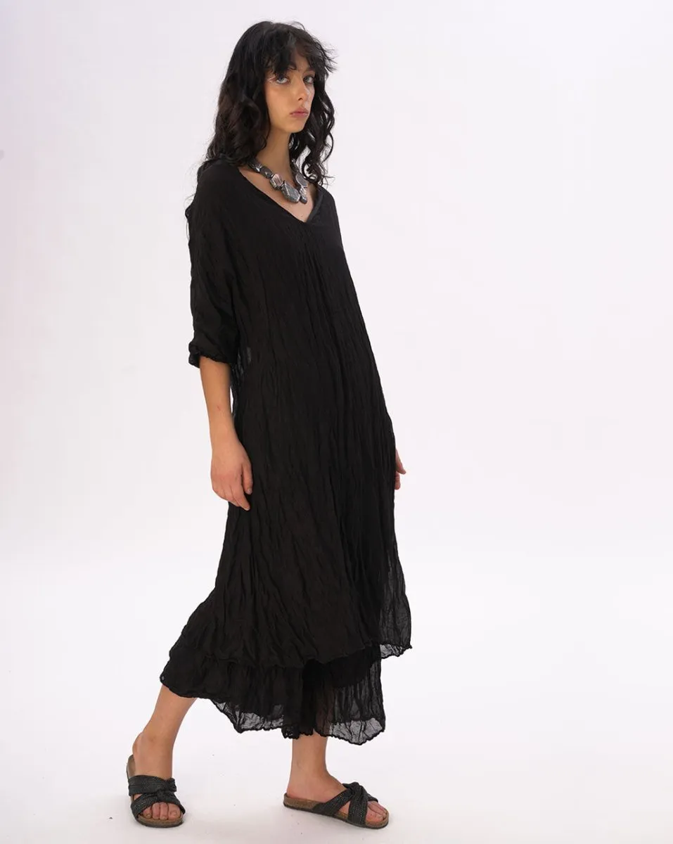 Crinkled Cotton Linen 3/4 Sleeve V-Neck Dress