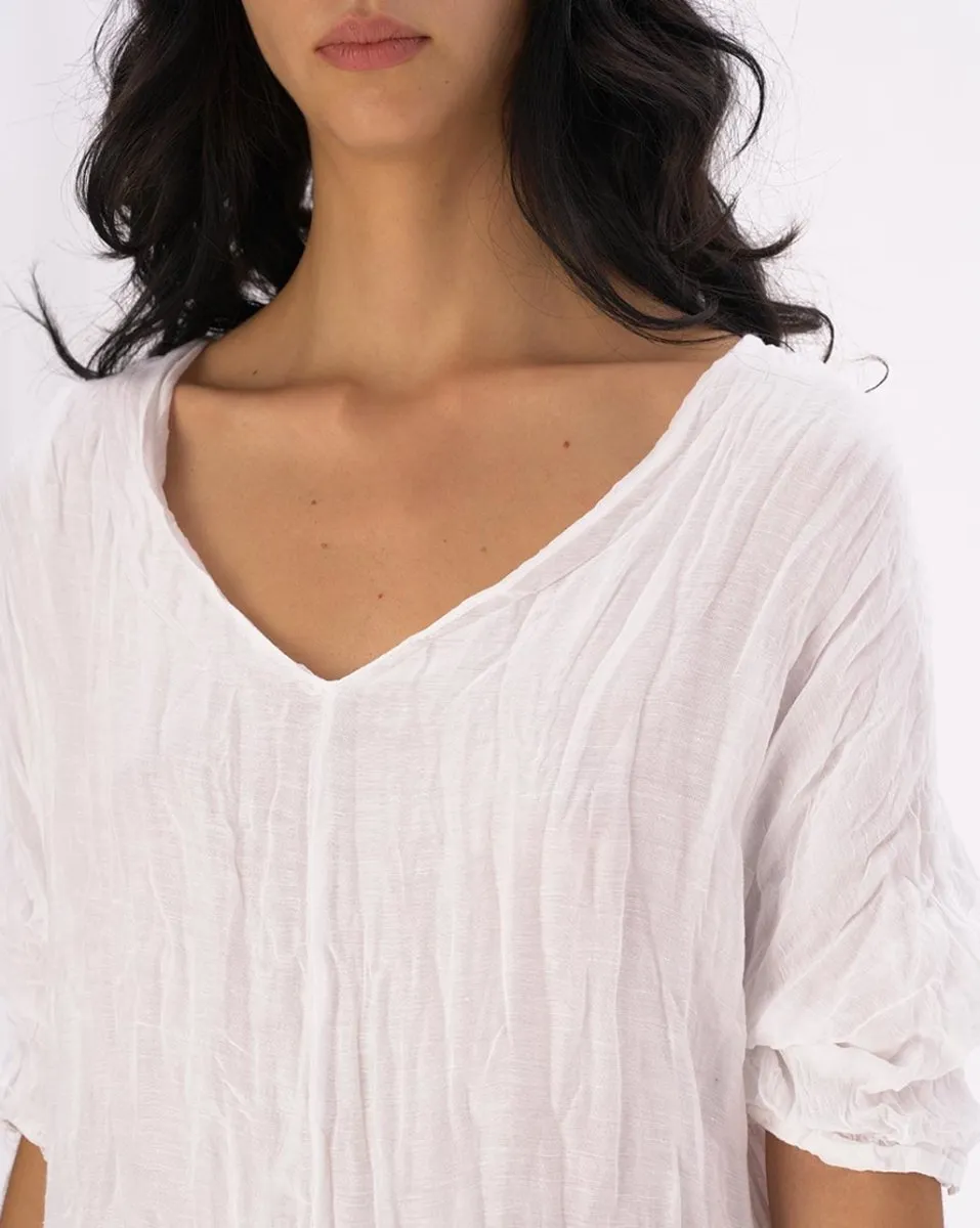 Crinkled Cotton Linen 3/4 Sleeve V-Neck Dress