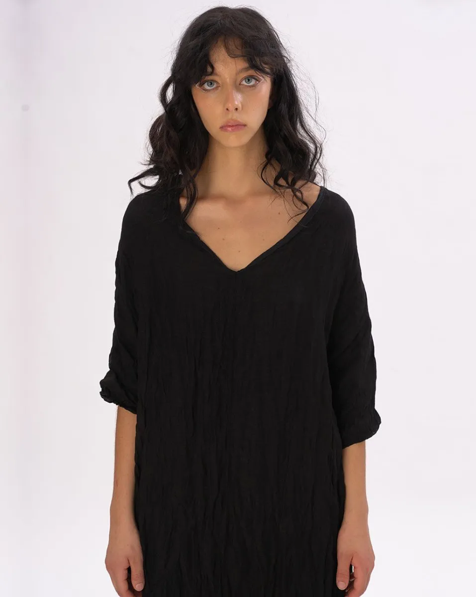Crinkled Cotton Linen 3/4 Sleeve V-Neck Dress