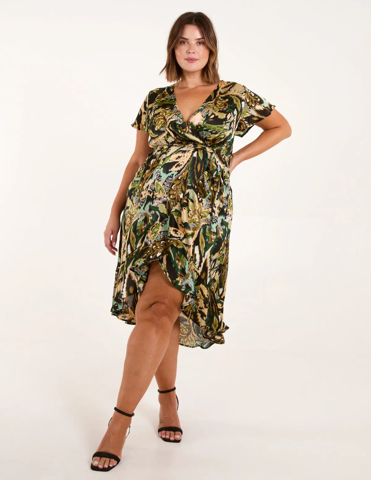 Curve Angel Sleeve Wrap Midi Dress