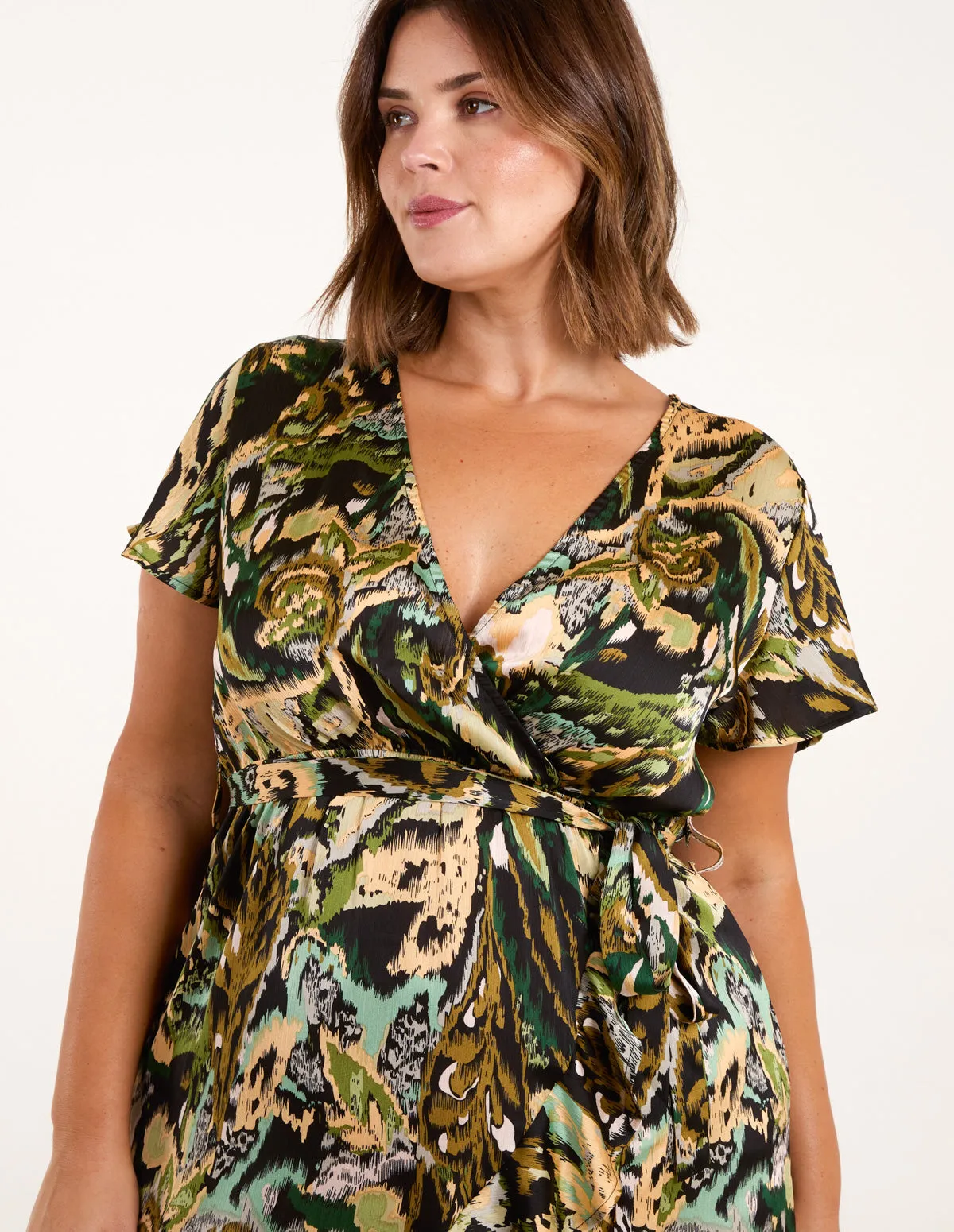 Curve Angel Sleeve Wrap Midi Dress