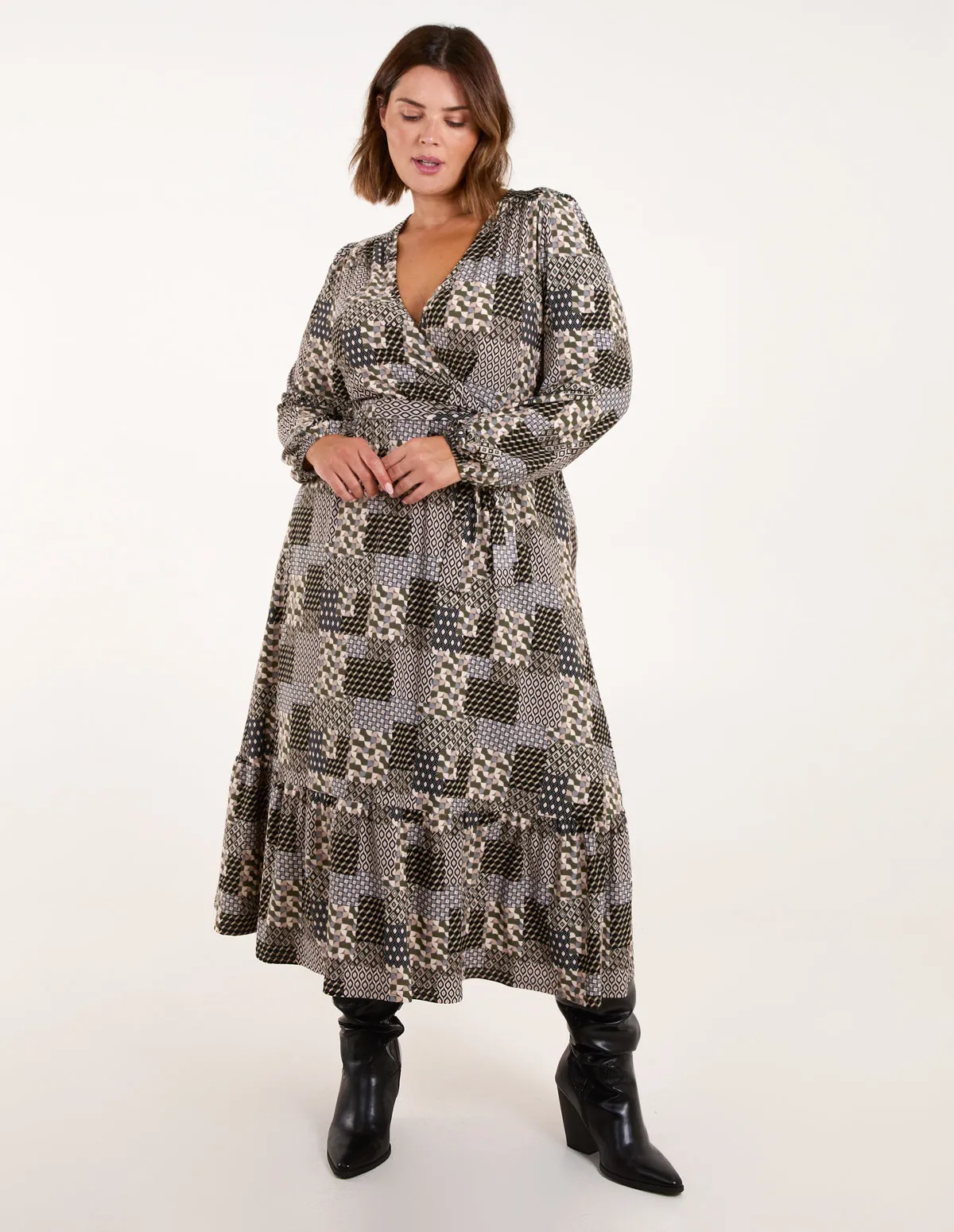 Curve Geometric Wrap Front Belted Midi Dress