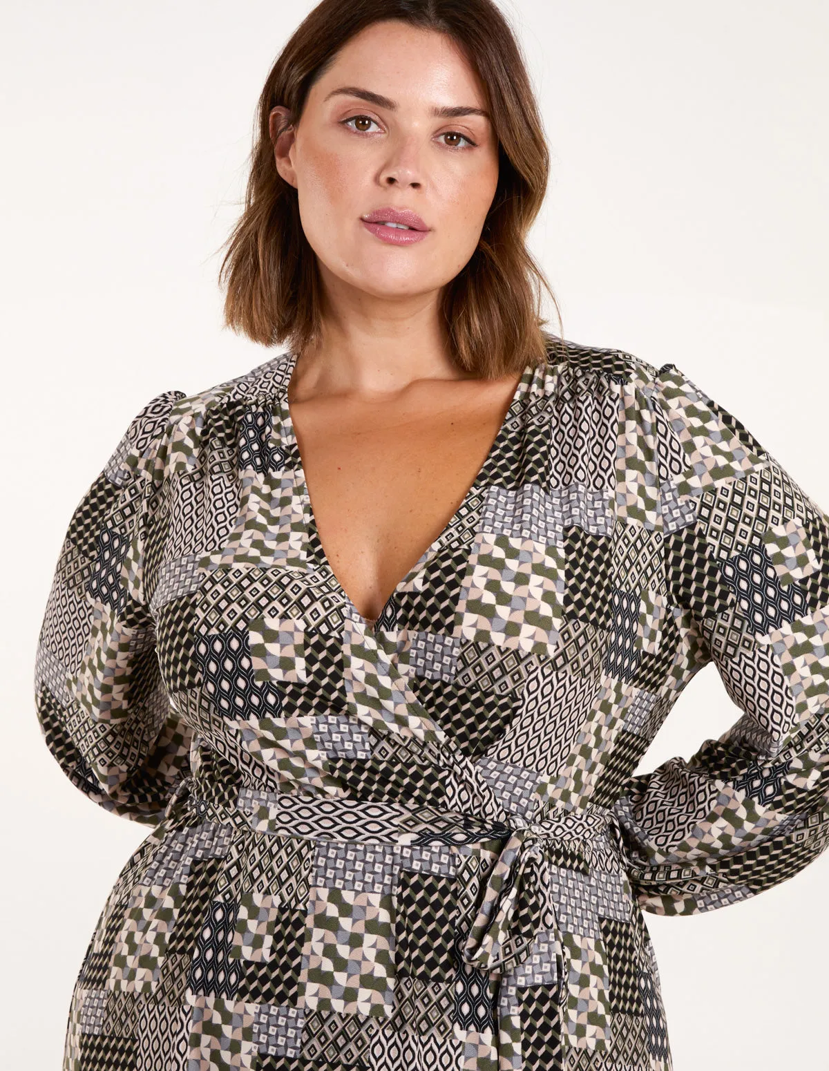 Curve Geometric Wrap Front Belted Midi Dress