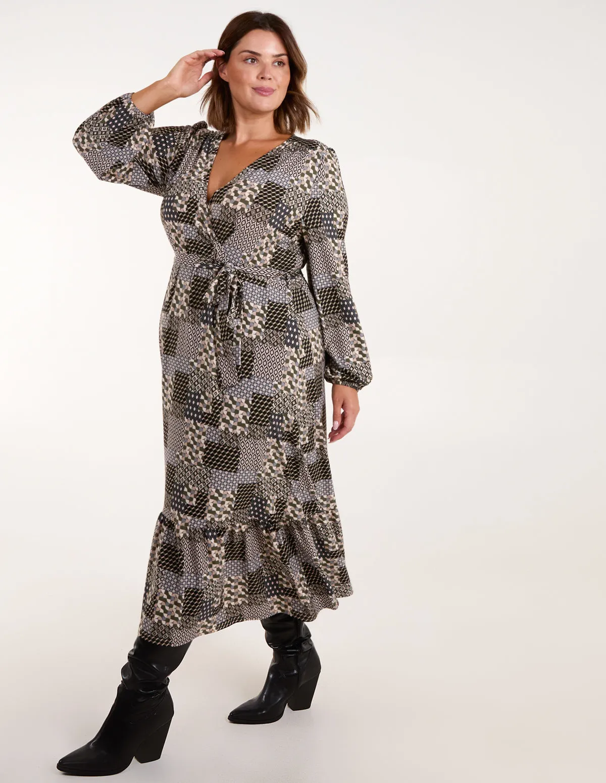 Curve Geometric Wrap Front Belted Midi Dress