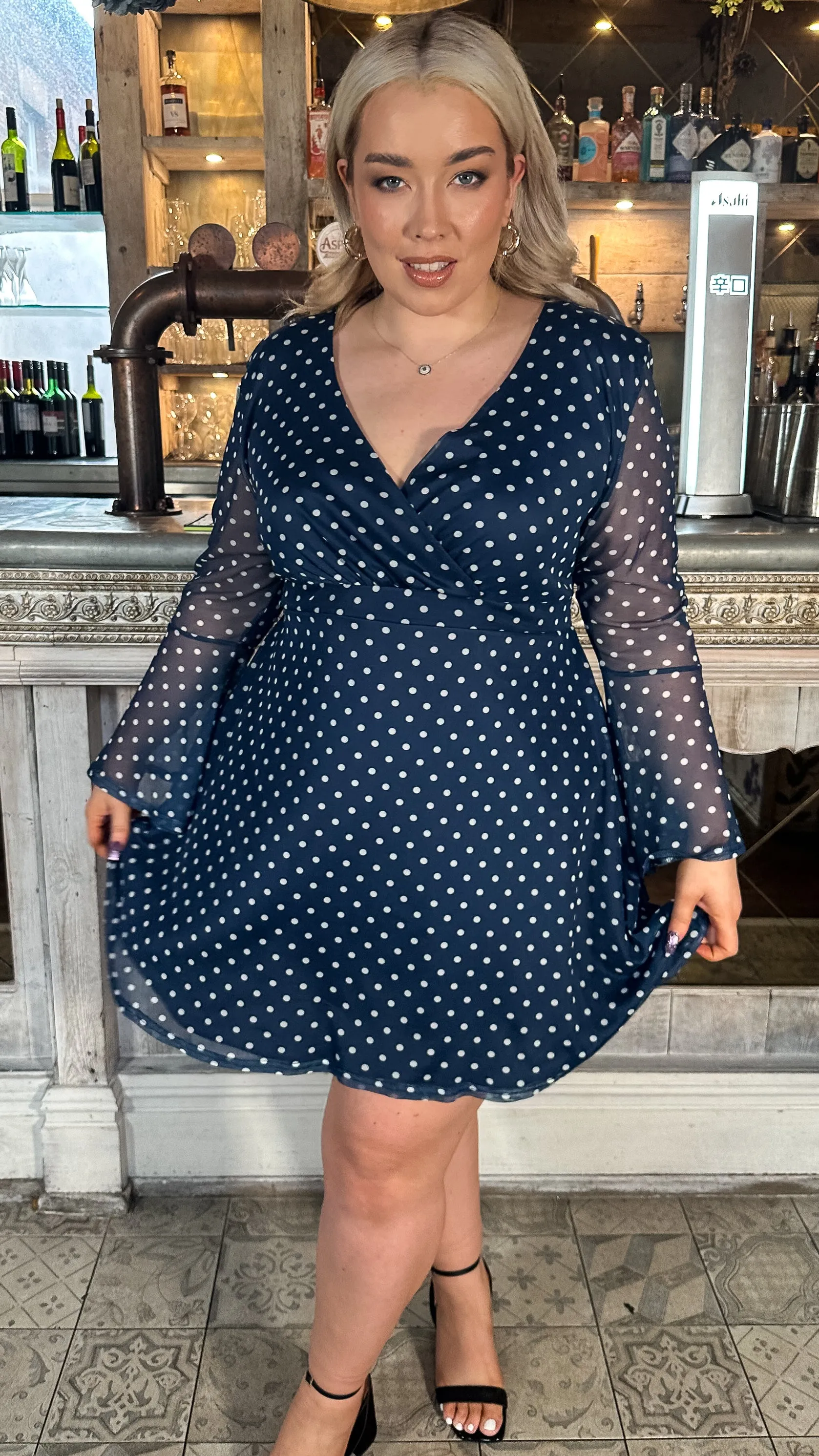 CurveWow Bell Sleeve Wrap Mesh Mini Dress Navy Polka