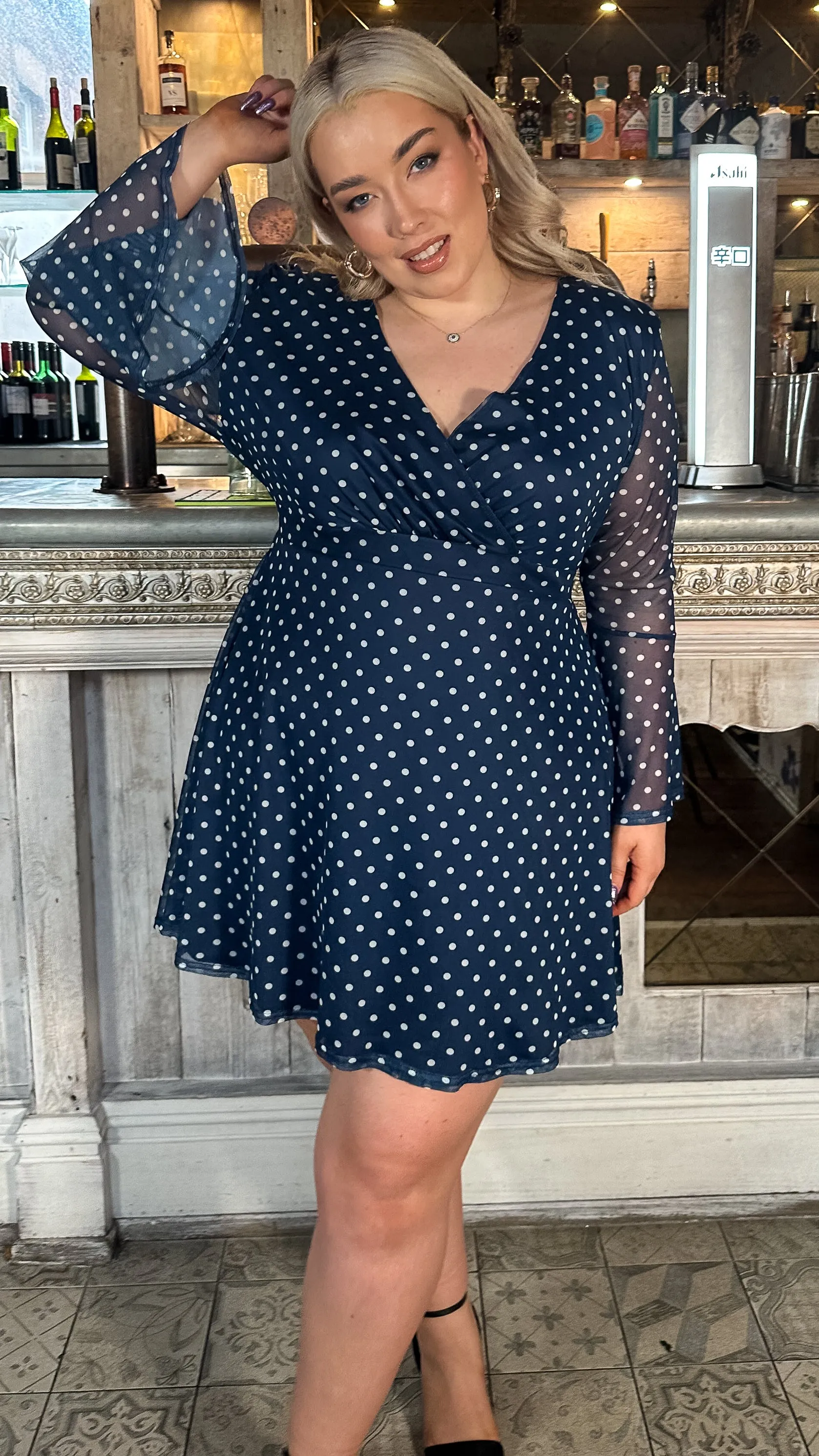 CurveWow Bell Sleeve Wrap Mesh Mini Dress Navy Polka