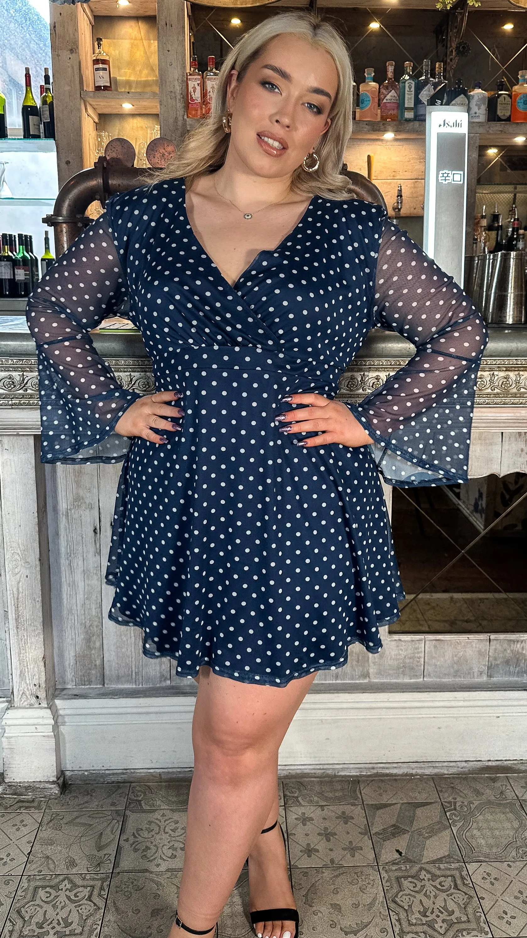 CurveWow Bell Sleeve Wrap Mesh Mini Dress Navy Polka