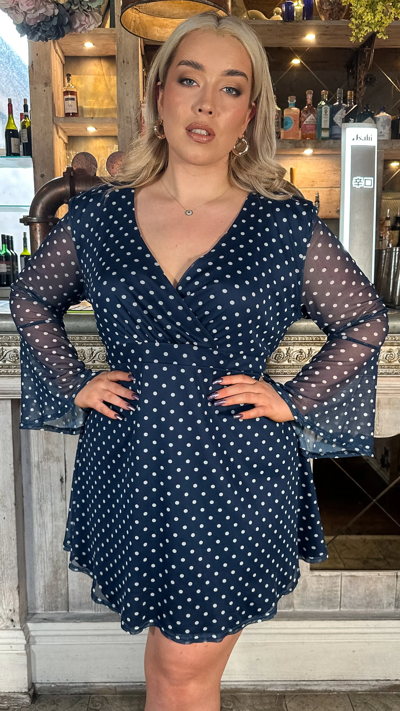 CurveWow Bell Sleeve Wrap Mesh Mini Dress Navy Polka