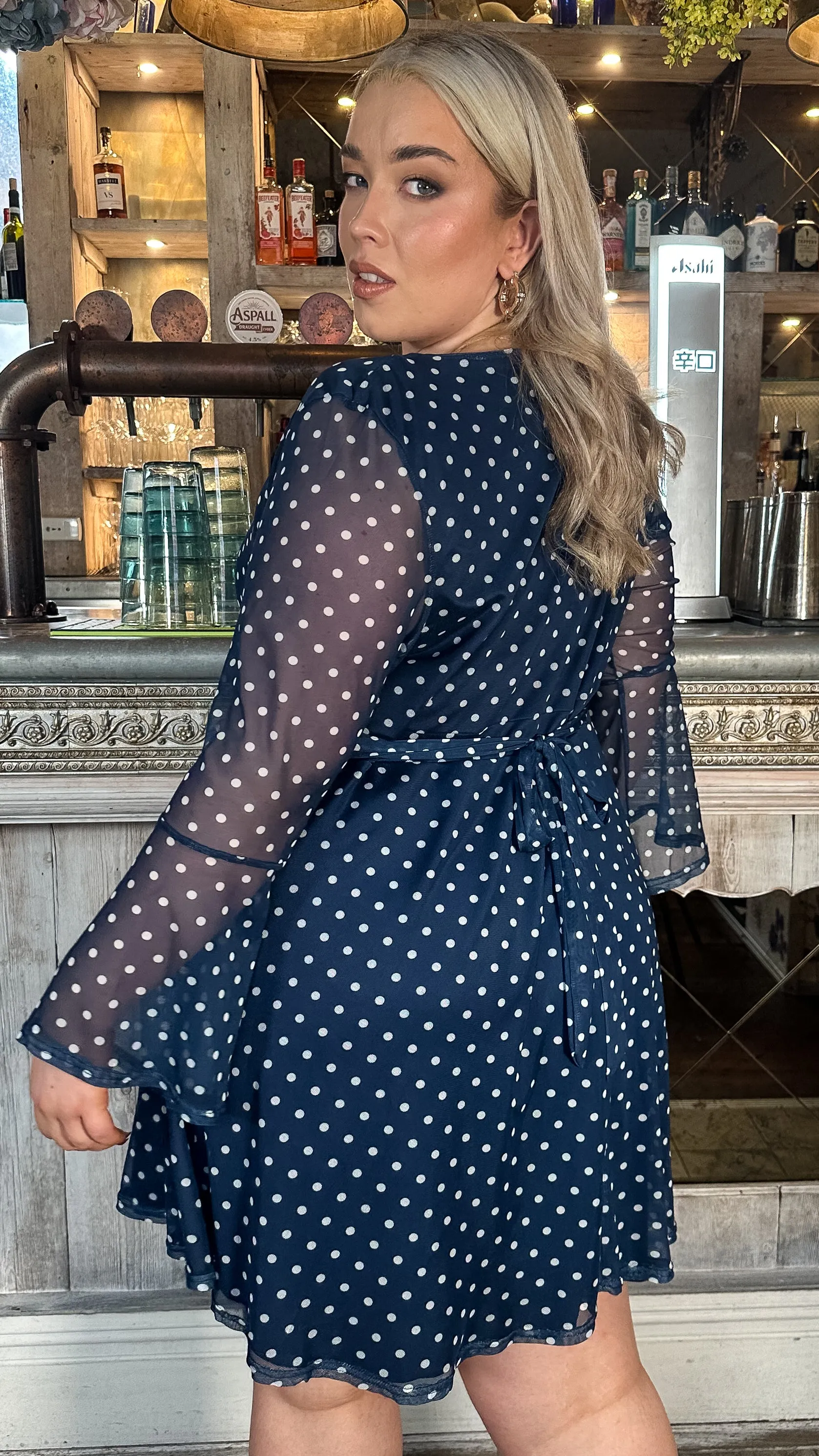 CurveWow Bell Sleeve Wrap Mesh Mini Dress Navy Polka