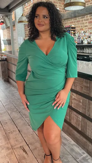 CurveWow Bottle Green Puff Sleeve Wrap Midi Dress