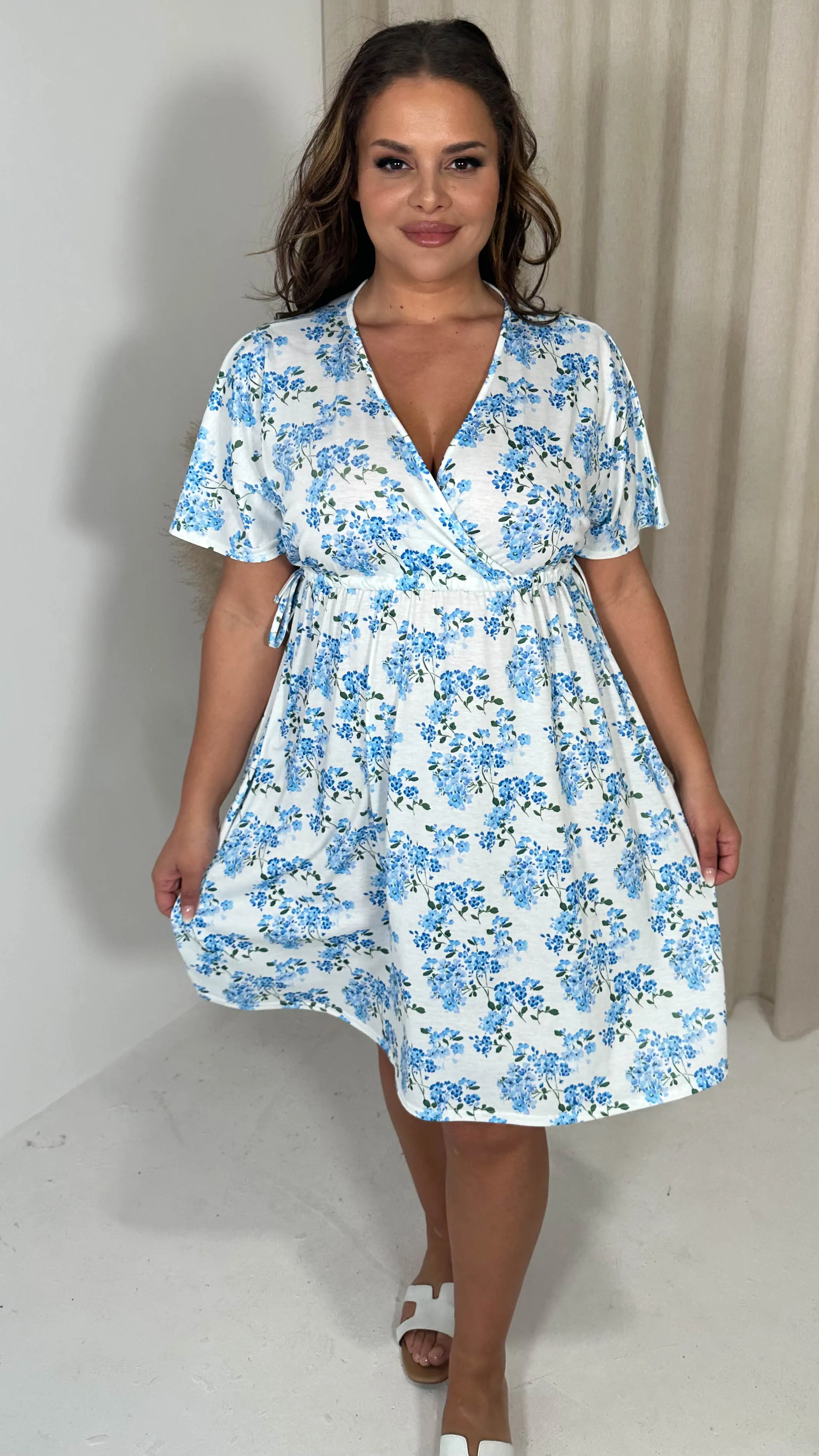 CurveWow Drop Shoulder Wrap Channel Waist Dress Blue Floral