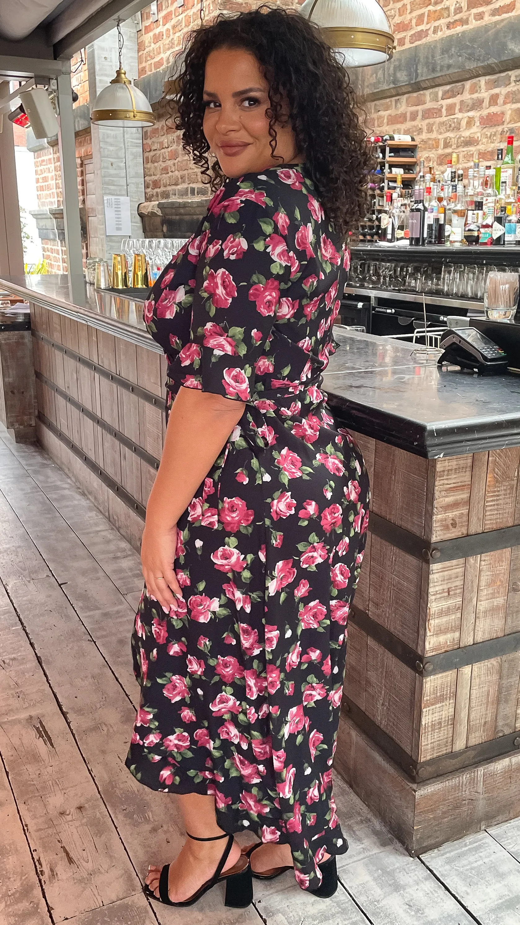 CurveWow Frill Wrap Maxi Dress Black Floral