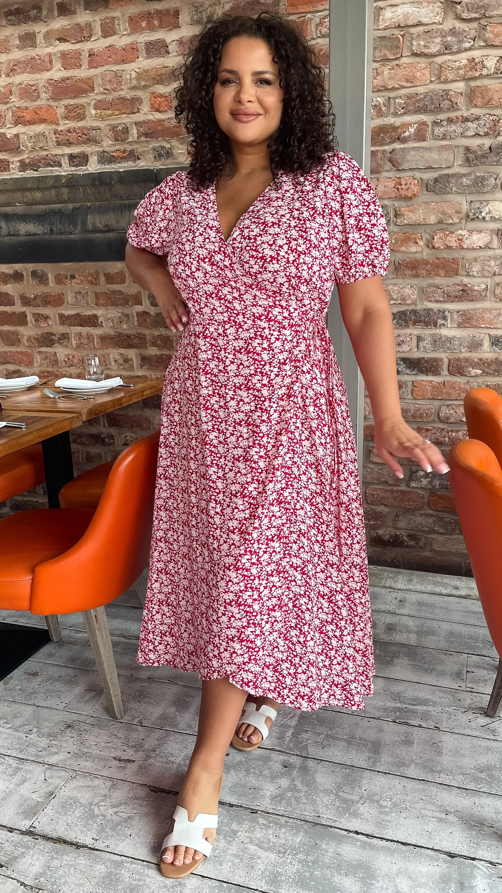 CurveWow Puff Sleeve Wrap Dress Red Ivory Ditsy