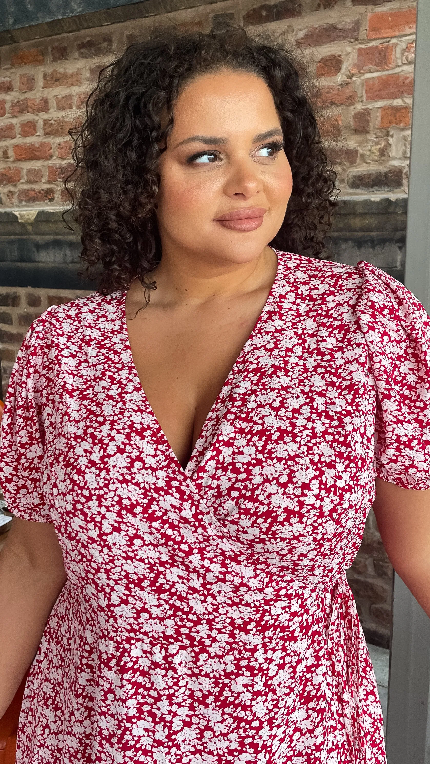 CurveWow Puff Sleeve Wrap Dress Red Ivory Ditsy