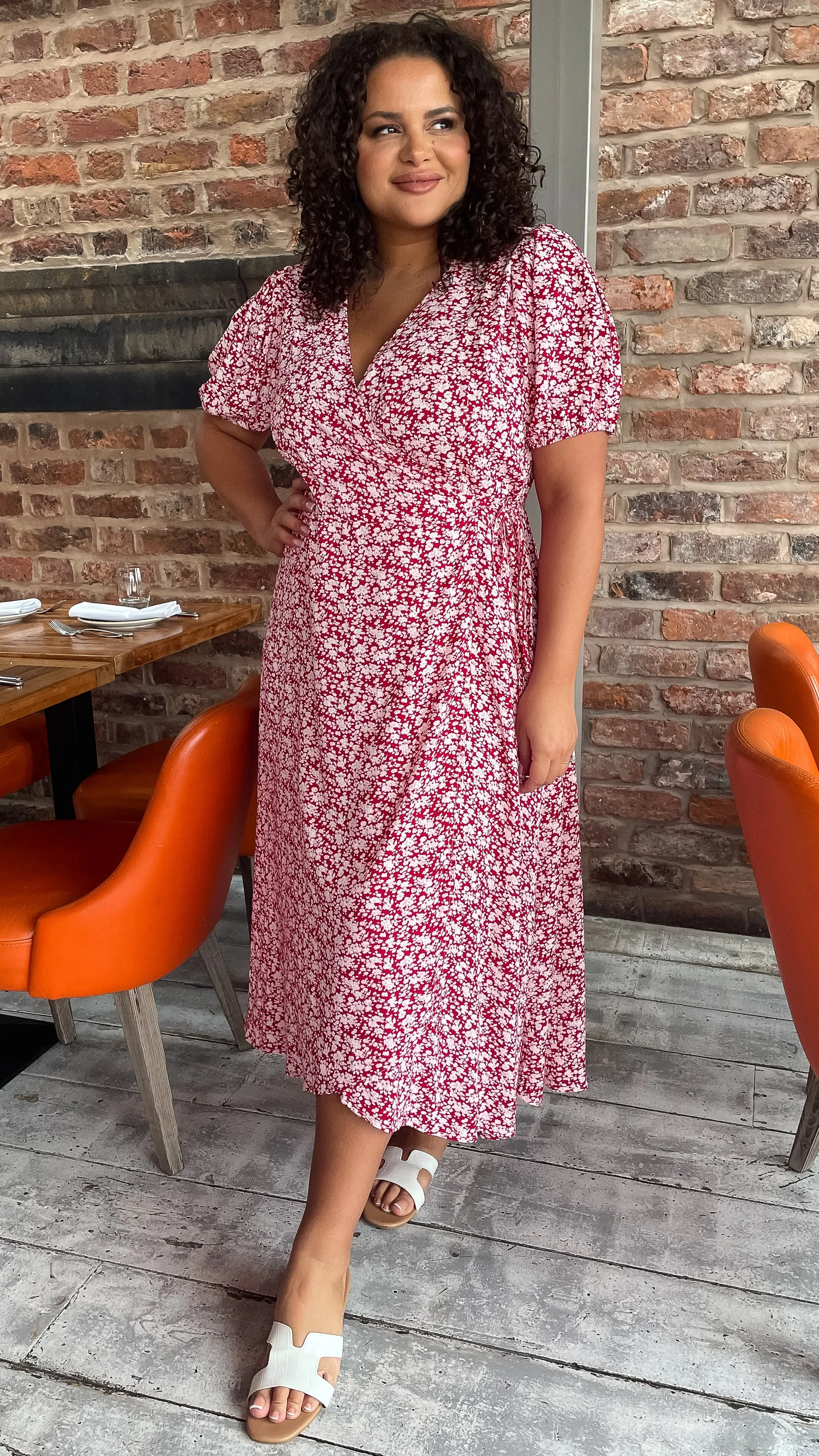 CurveWow Puff Sleeve Wrap Dress Red Ivory Ditsy