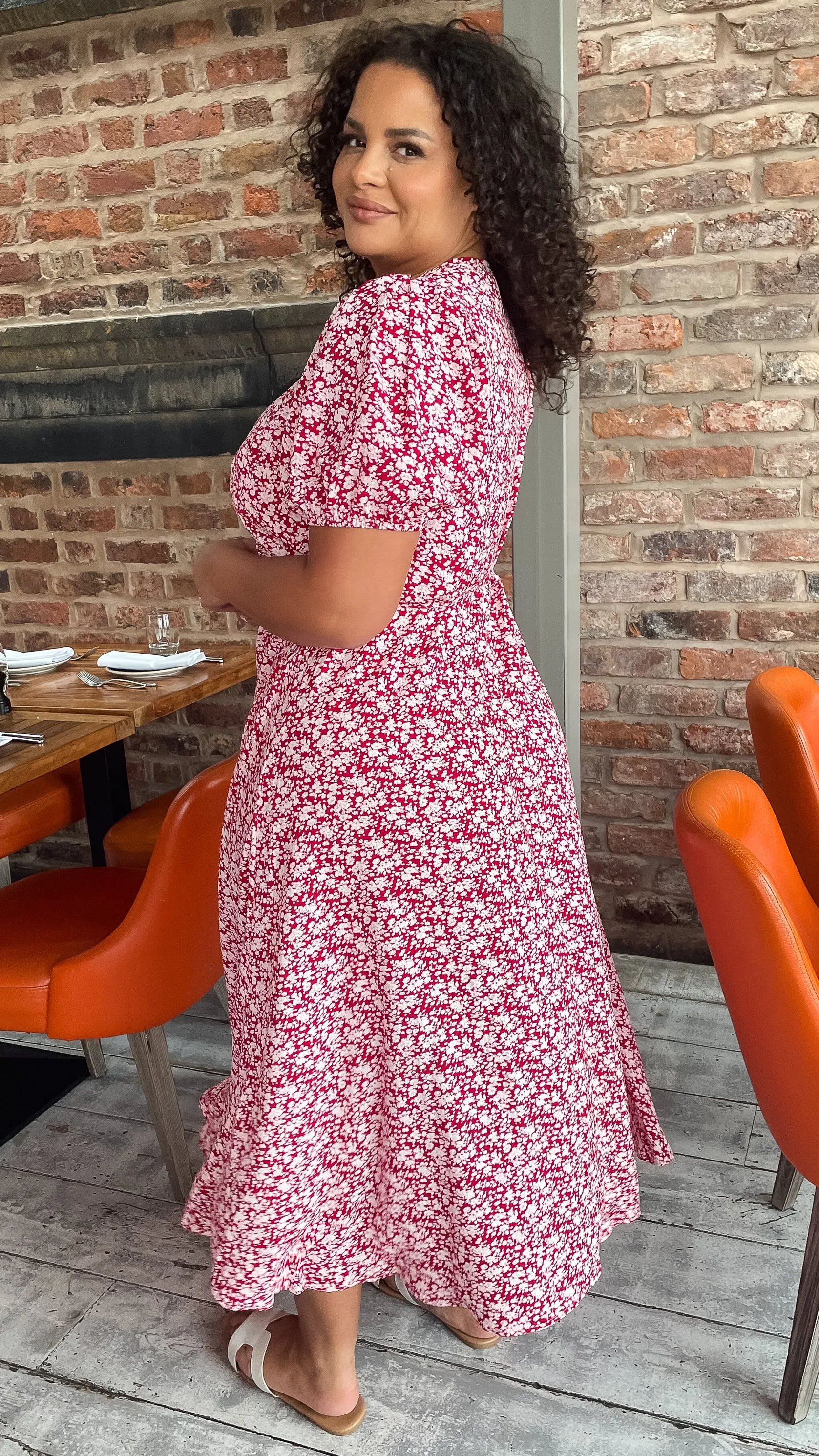 CurveWow Puff Sleeve Wrap Dress Red Ivory Ditsy