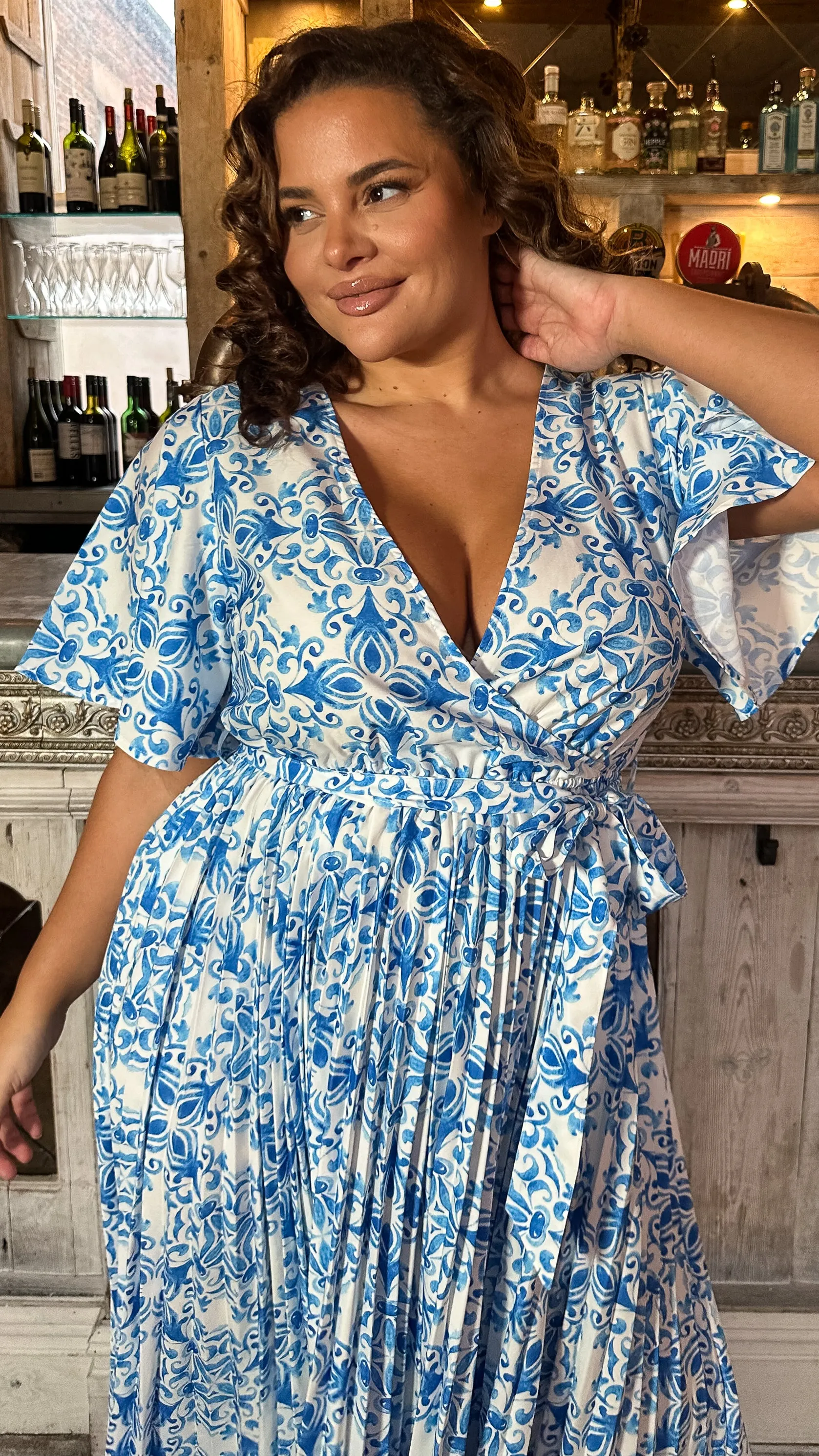 CurveWow Short Sleeve Pleated Wrap Dress Blue Print