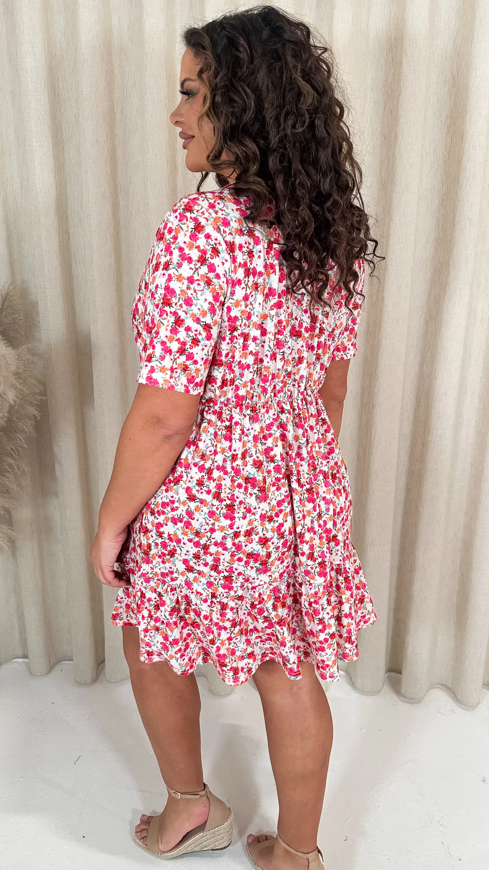 CurveWow Tiered Hem Wrap Dress Pink Multi Ditsy