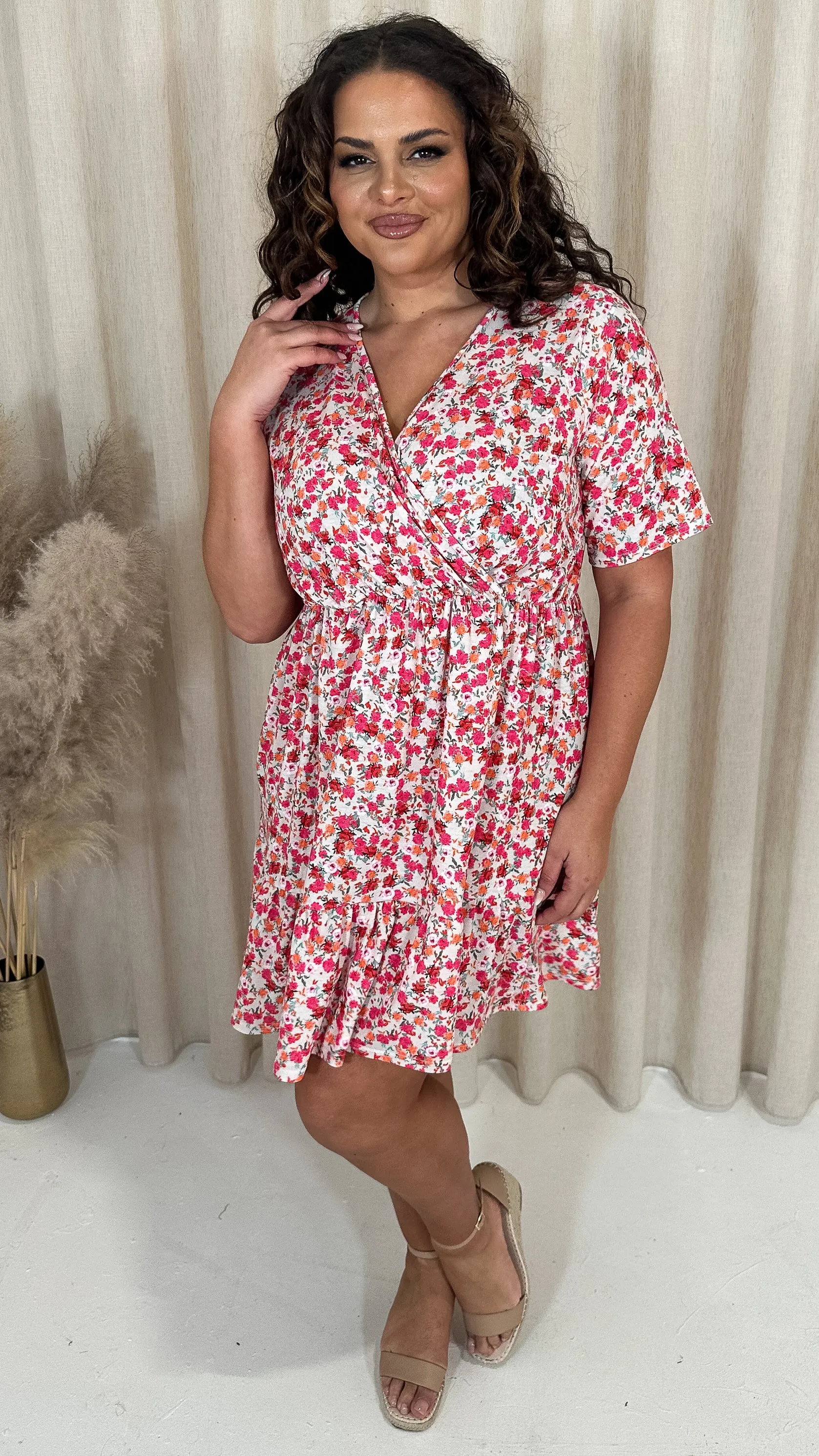 CurveWow Tiered Hem Wrap Dress Pink Multi Ditsy