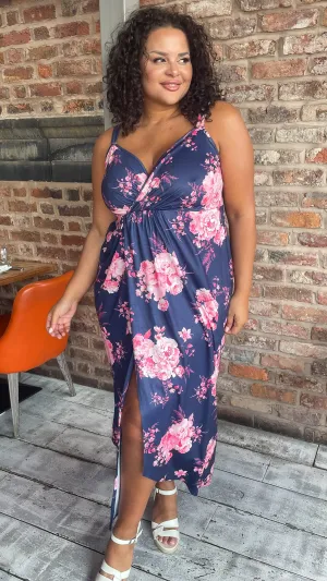CurveWow Wrap Maxi Dress Navy Pink Floral