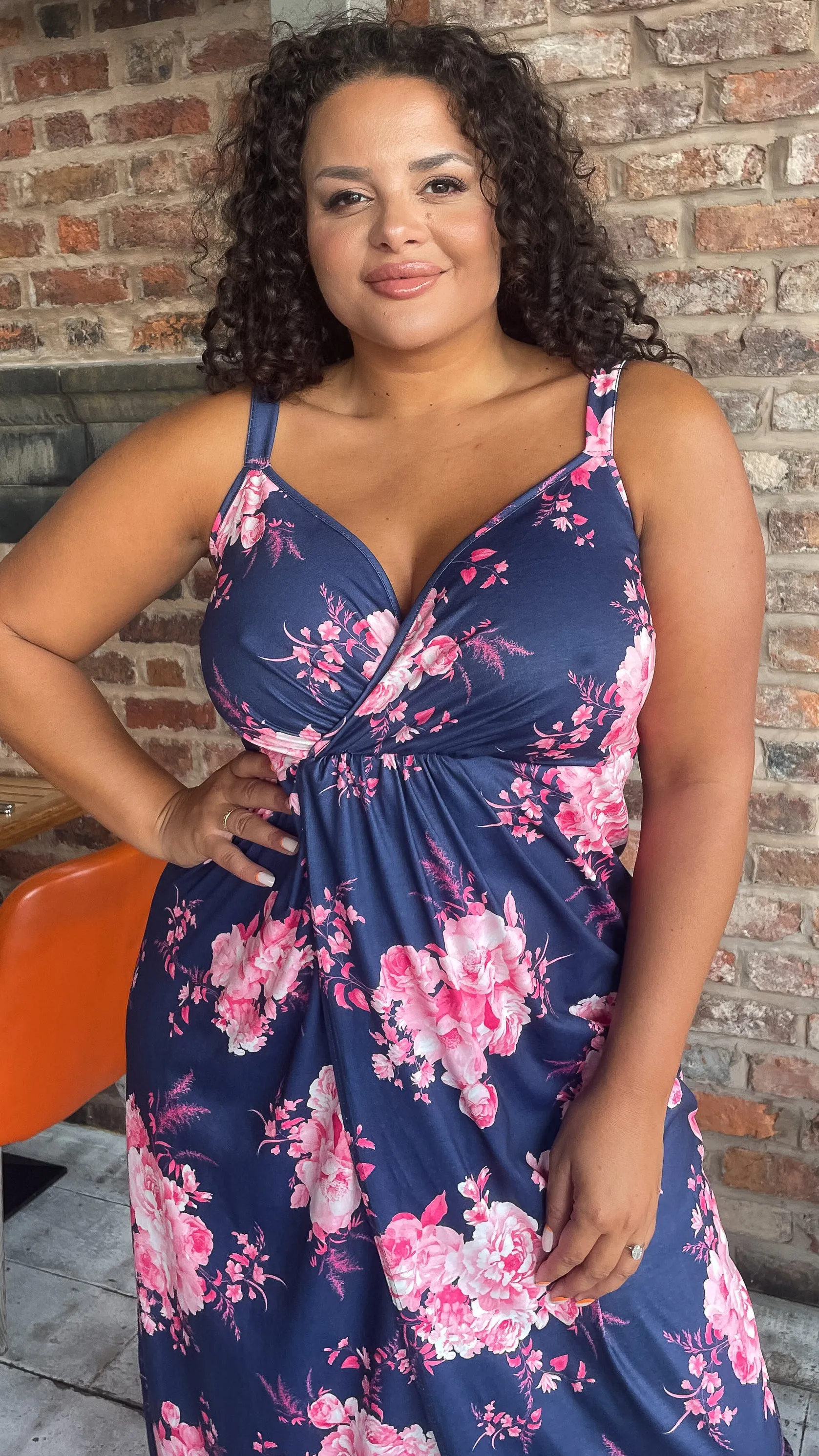 CurveWow Wrap Maxi Dress Navy Pink Floral