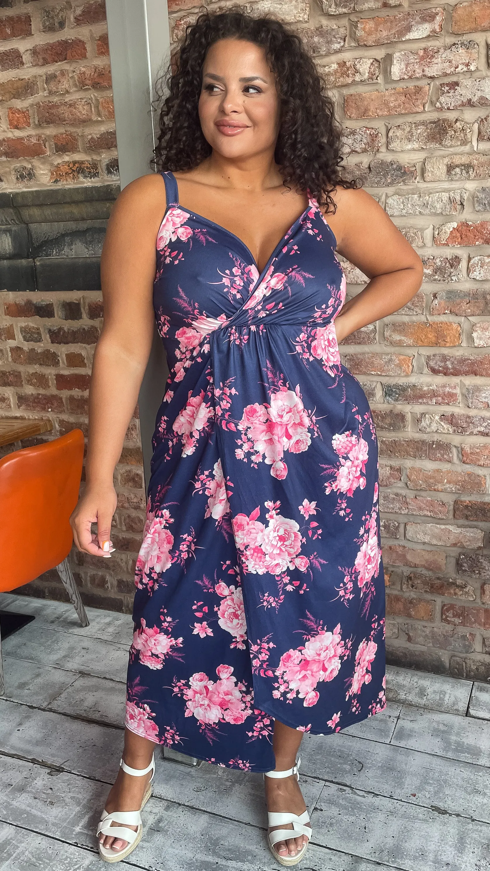 CurveWow Wrap Maxi Dress Navy Pink Floral