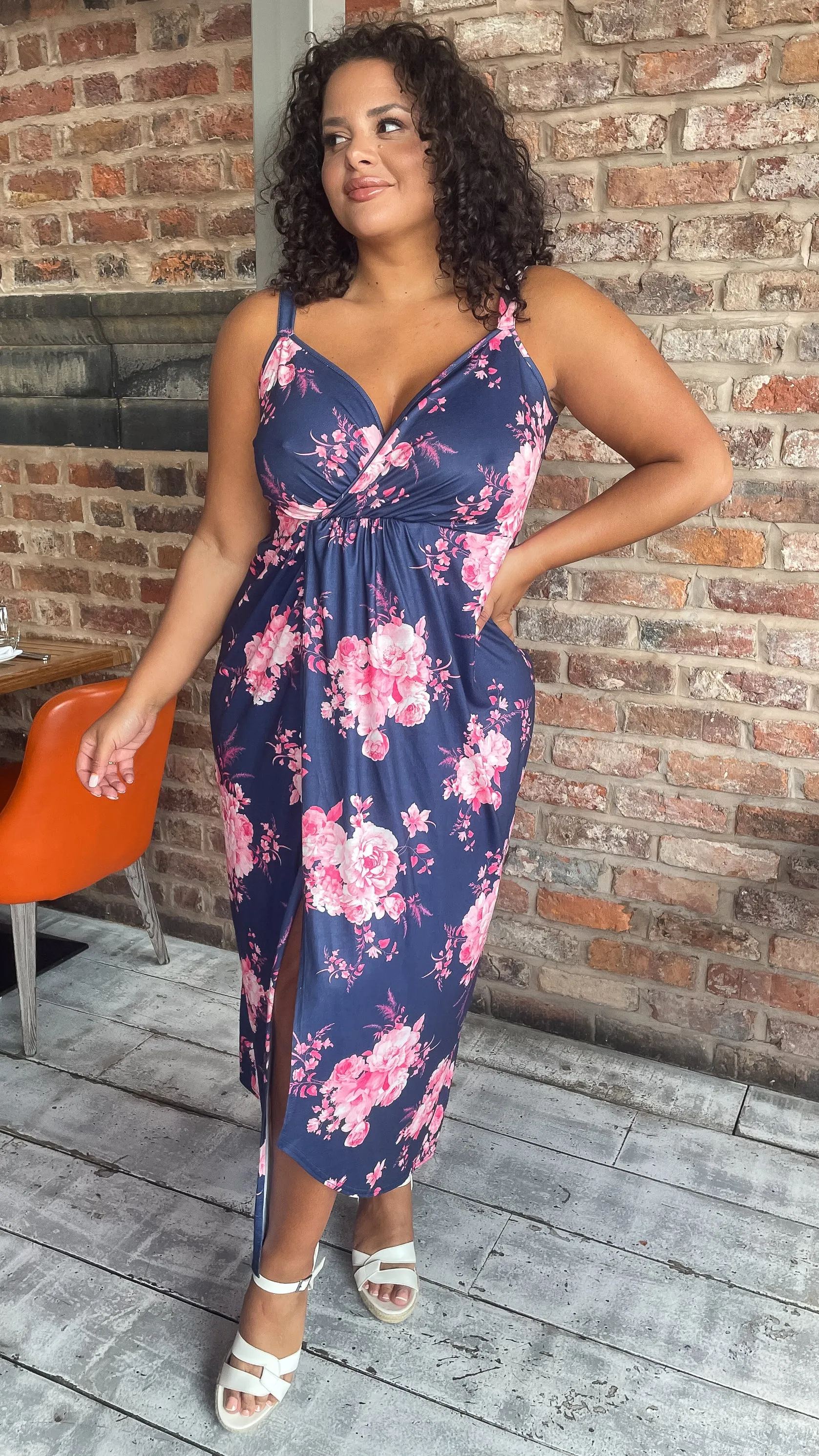 CurveWow Wrap Maxi Dress Navy Pink Floral