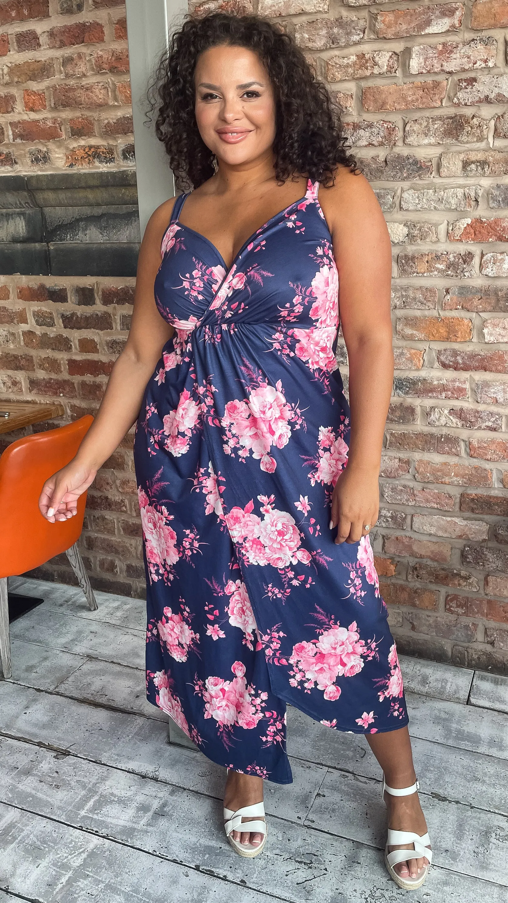 CurveWow Wrap Maxi Dress Navy Pink Floral