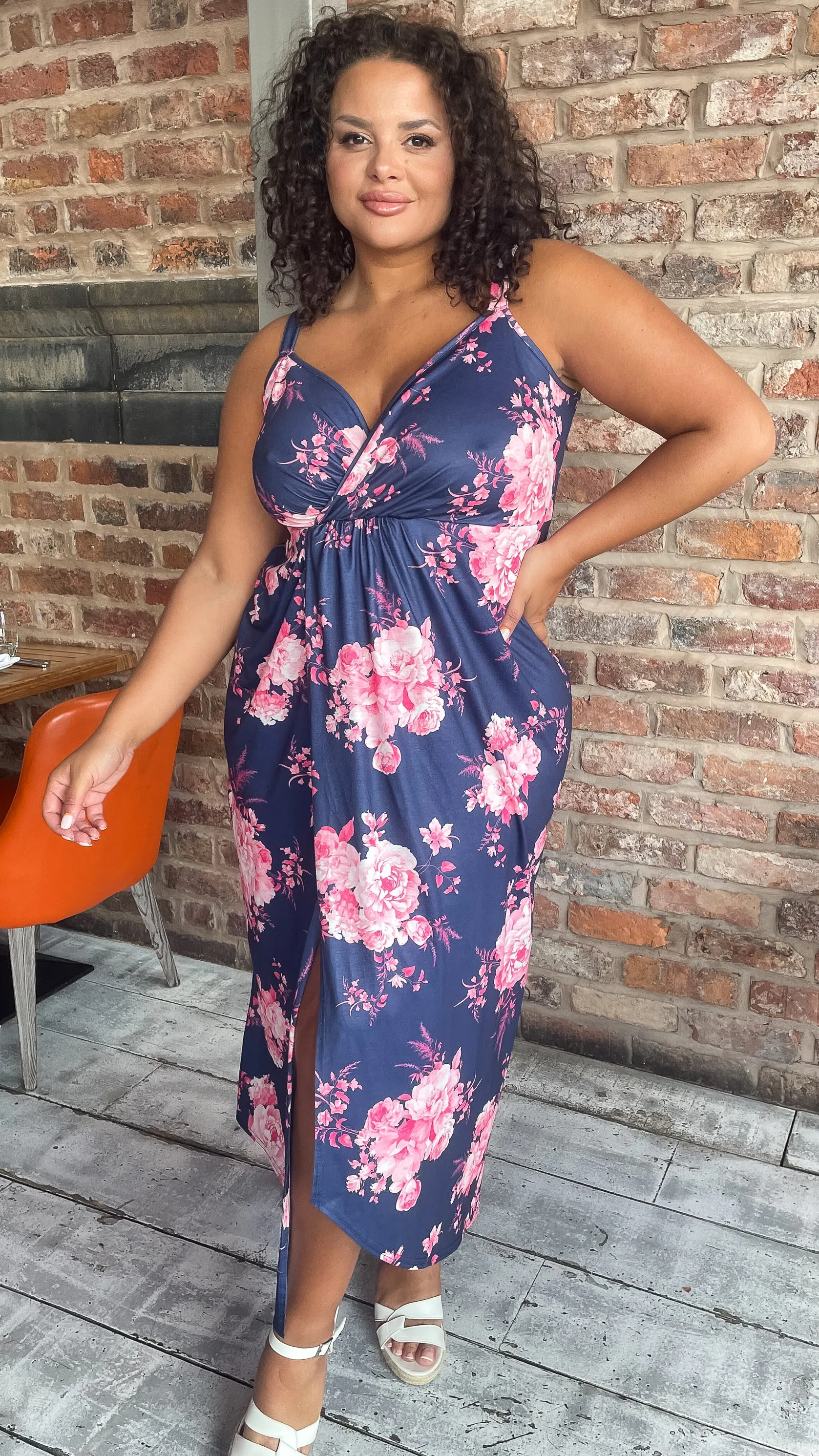CurveWow Wrap Maxi Dress Navy Pink Floral